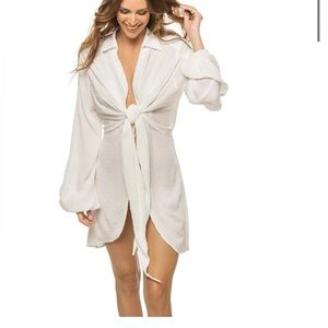 Warm White Crinkle Swiss Dot Tie Front Coverup